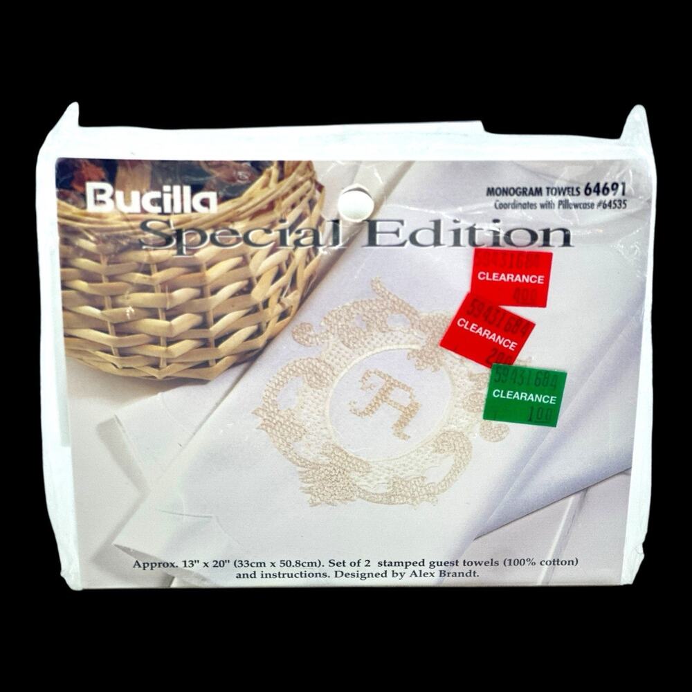 NOS 1997 Bucilla Special Edition #64691 Monogram Towels Stamped Cross Stitch VTG